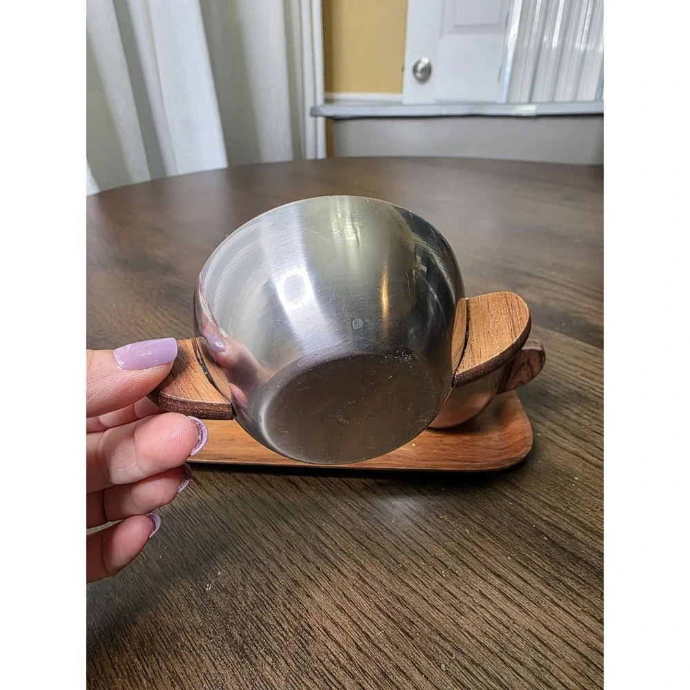 Vintage Brostrom Teakwood Tray Denmark Cream‎ And Sugar Set Stainless Steel E2